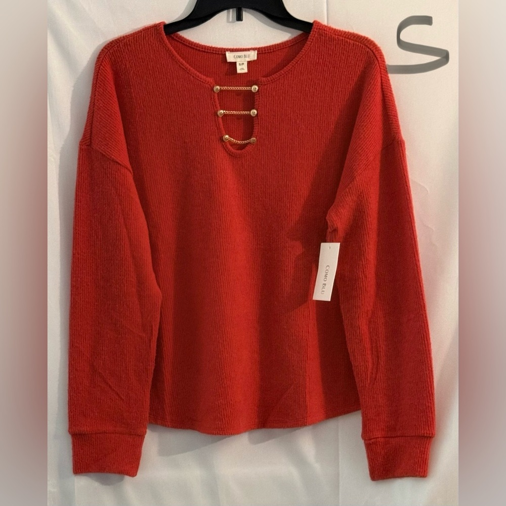 Cozy Red Knit Sweatshirt with Gold Accents